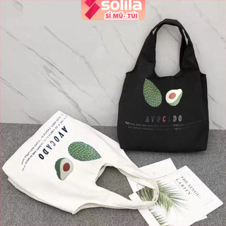 Túi tote vải canvas liền thân không khóa miệng in hình Quả bơ đựng đồ tiện dụng