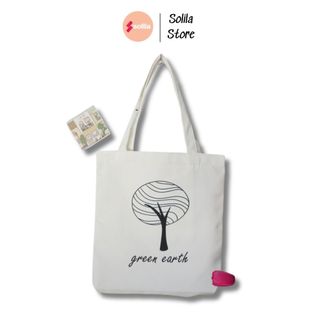 Túi tote 2 quai vải canvas in hình Greend Earth A4 có khóa miệng tiện dụng