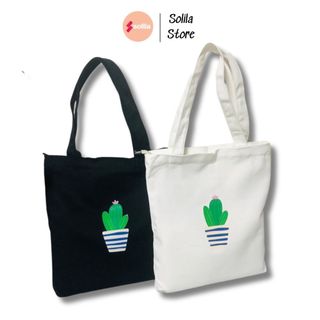 Túi tote vải canvas có khóa miệng túi in hình Xương rồng xinh xắn