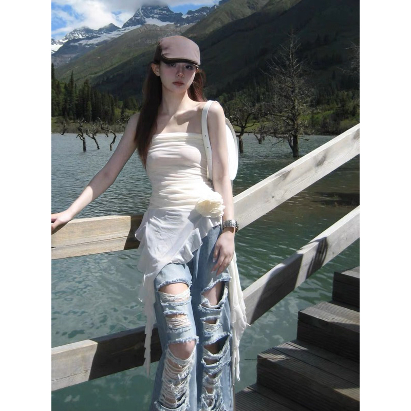 ROSALEE Áo voan mỏng tua rua đính nơ và quần jeans rách thời trang cho nữ