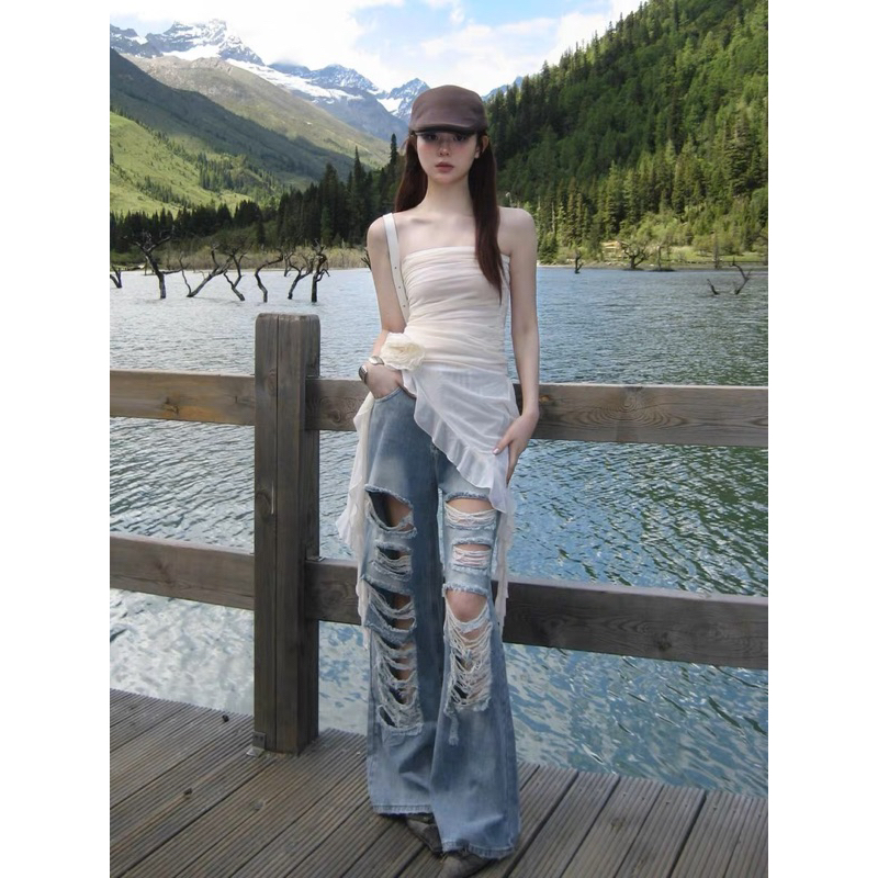 ROSALEE Áo voan mỏng tua rua đính nơ và quần jeans rách thời trang cho nữ