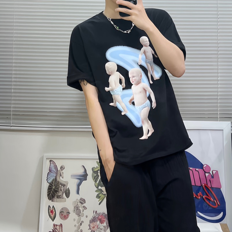 Áo thun babyblue unisex cổ tròn form rộng 100% cotton