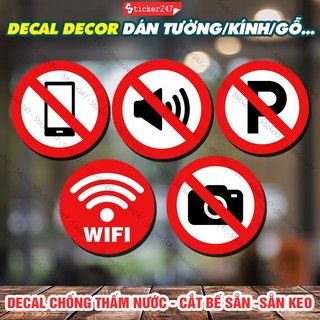 Decal dán biển báo free wifi, no smoking, cấm ăn uống, push pull... sticker biển báo kháng nước dán kính, dán tường, gỗ