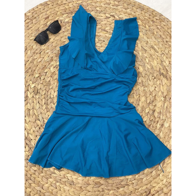 Đồ bơi liền thân nữ bộ đồ bơi bikini đi biển kín đáo bèo vai cánh tiên váy có quần đùi bên trong Ms03