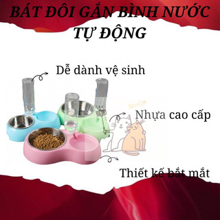 CHÉN ĂN ĐÔI GẮN BÌNH NƯỚC TỰ ĐỘNG CHO CHÓ MÈO