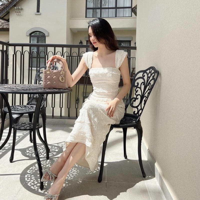 Đầm Tiểu Thư Midi Dáng Dài, Váy Maxi Đi Biển Cổ Tròn Tay Phồng Chất Vải Xô Thêu Kèm Áo Lót Siêu Sang Chảnh và Mát