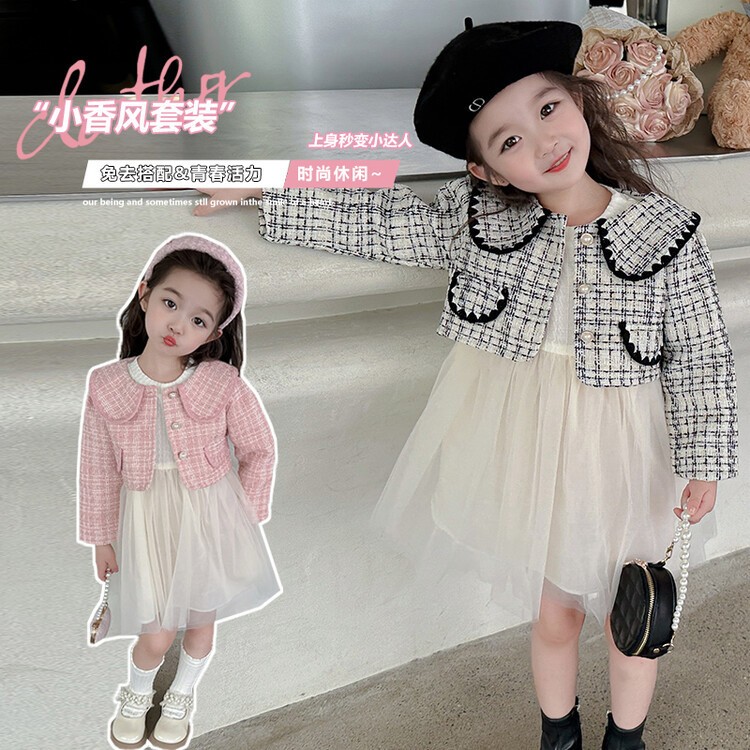 Set váy kèm áo dạ tweed cho bé gái phong cách tiểu thư 2023