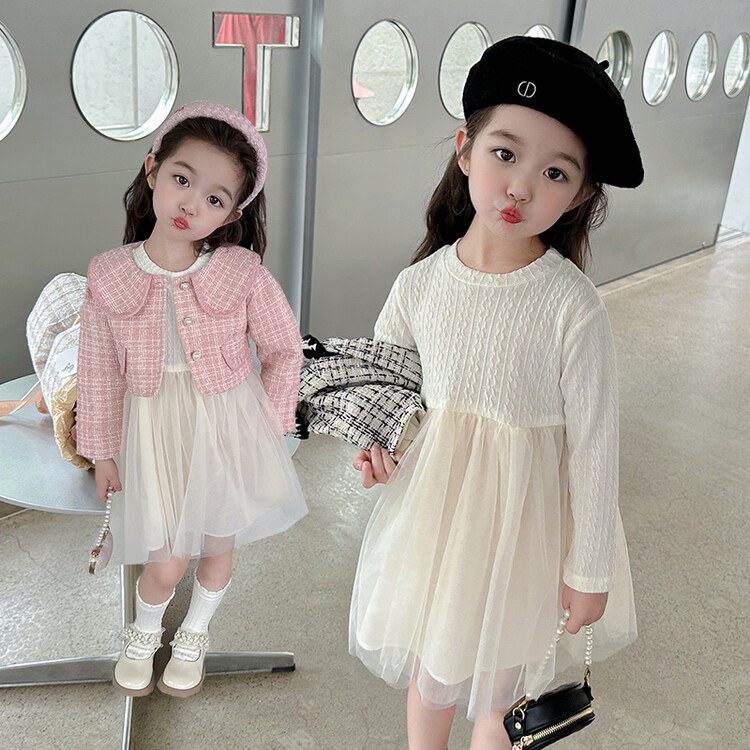 Set váy kèm áo dạ tweed cho bé gái phong cách tiểu thư 2023