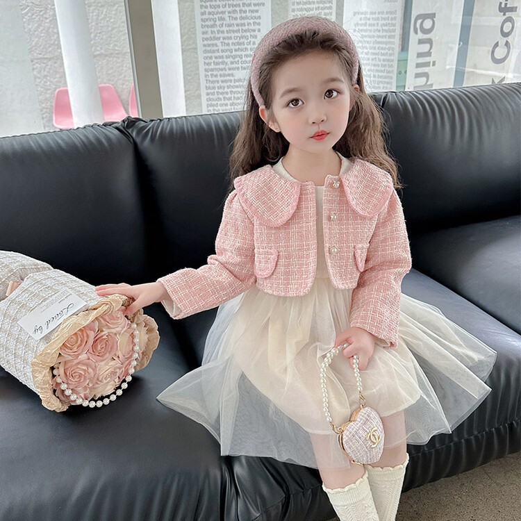 Set váy kèm áo dạ tweed cho bé gái phong cách tiểu thư 2023