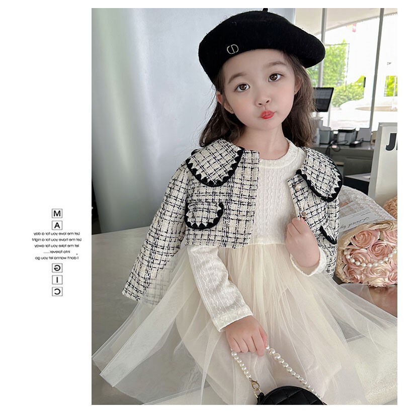 Set váy kèm áo dạ tweed cho bé gái phong cách tiểu thư 2023