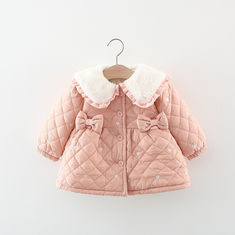 Áo khoác hồng lót nỉ đính nơ cho bé gái 2023