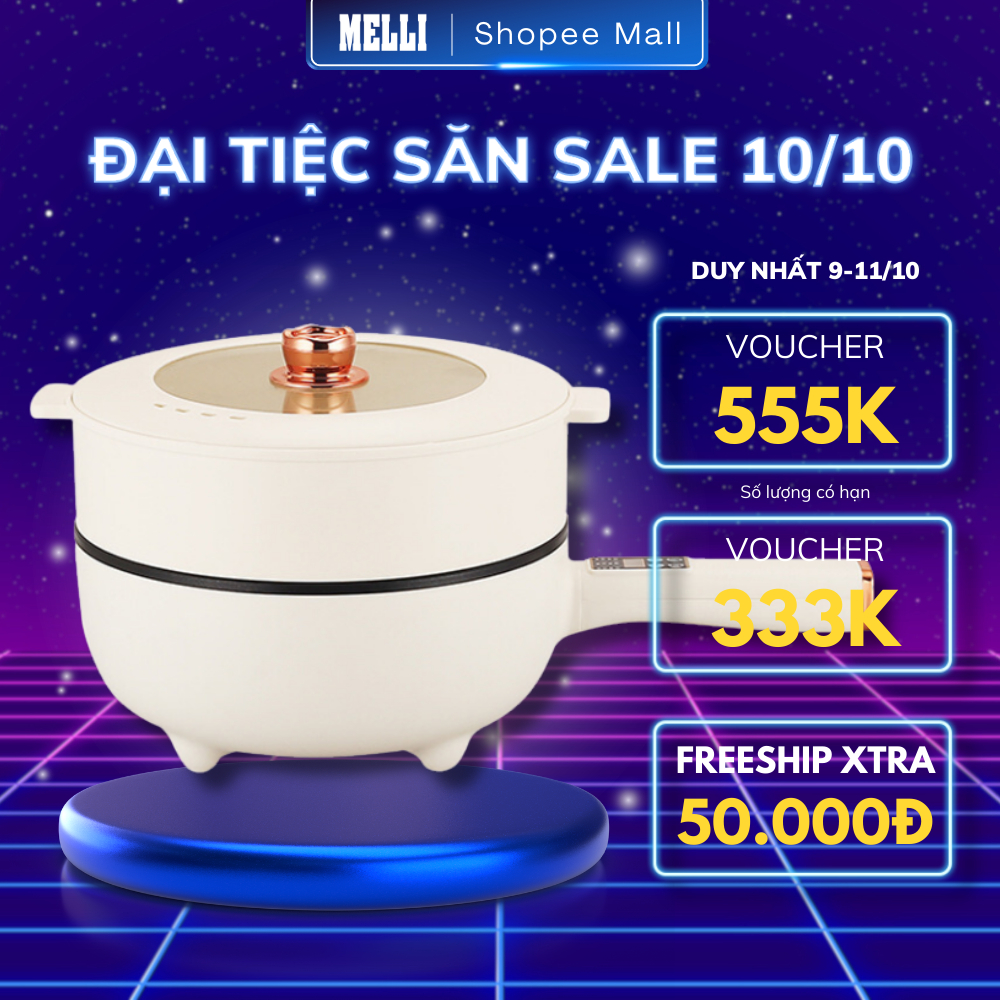 Chảo Điện Đa Năng Melli Chống Dính Dung Tích 3L, Nồi Lẩu Điện Thông Minh 6 Chế Độ Nấu 2 Tầng Kèm Giá Hấp Tiện Dụng