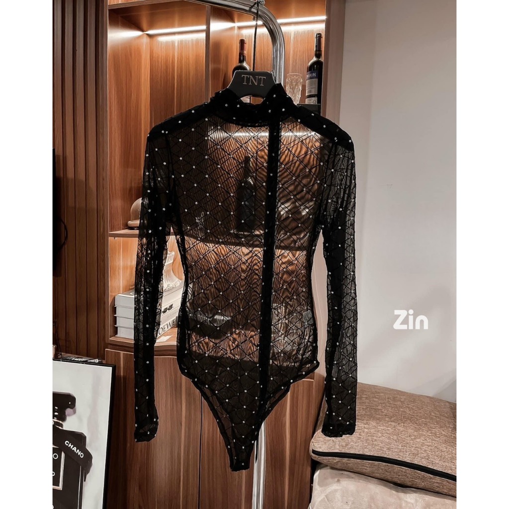 Áo Bodysuit lưới dài tay kèm bra có đệm - A82