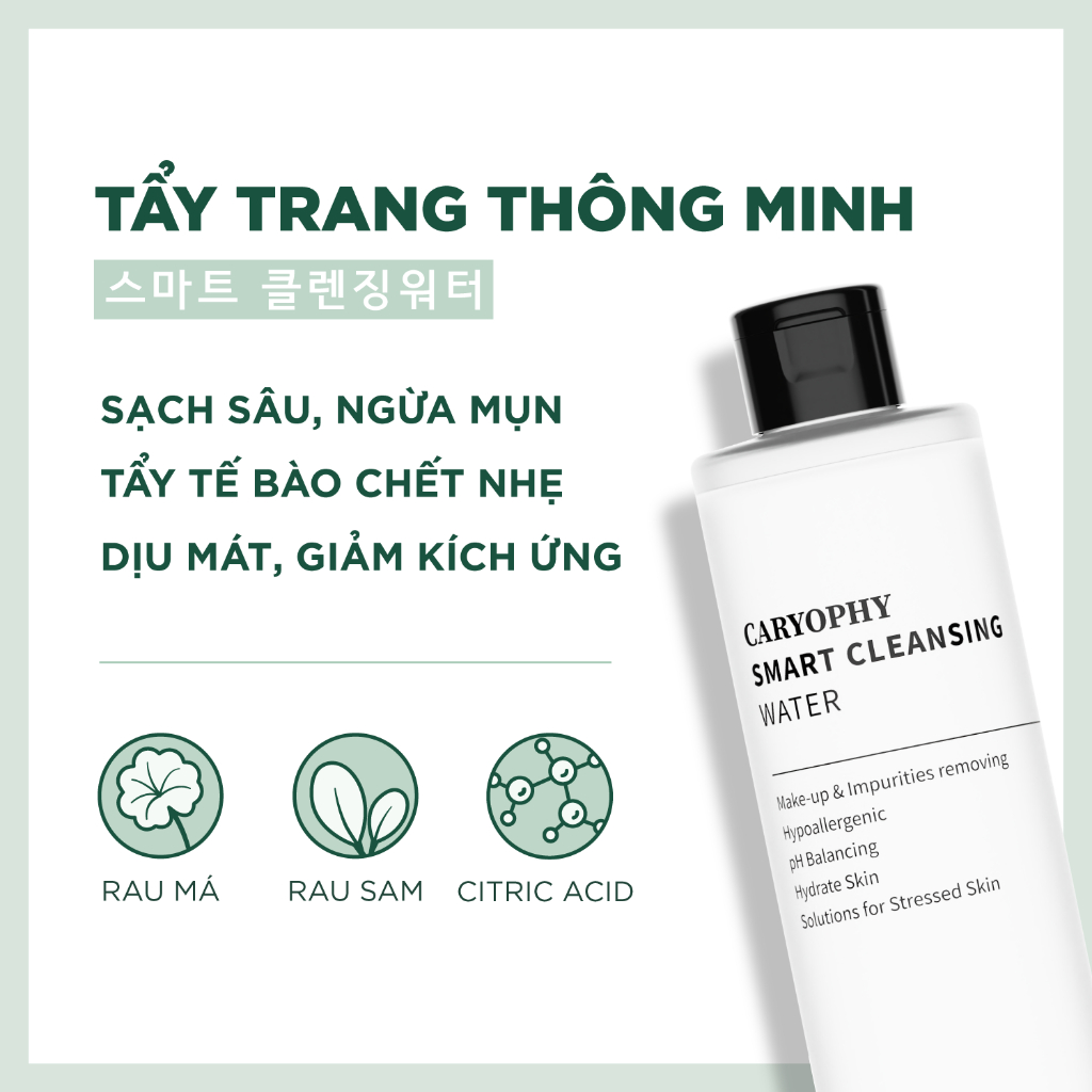 Combo nước tẩy trang cho da mụn nhạy cảm Caryophy Smart Cleansing Water 500ml