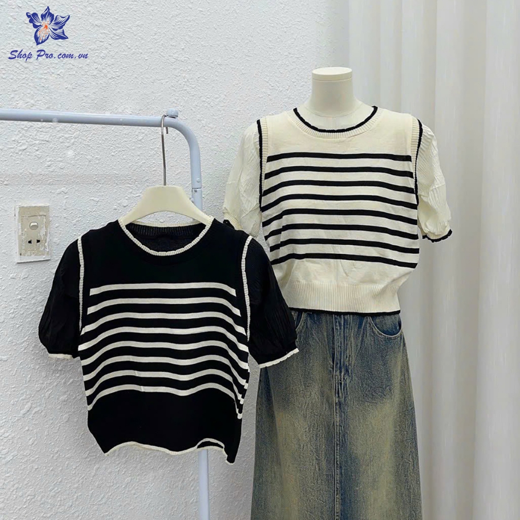 Áo Len Ngắn Tay Kẻ Sọc Phong Cách Hàn Quốc Trẻ Trung Năng Động Shop Pro
