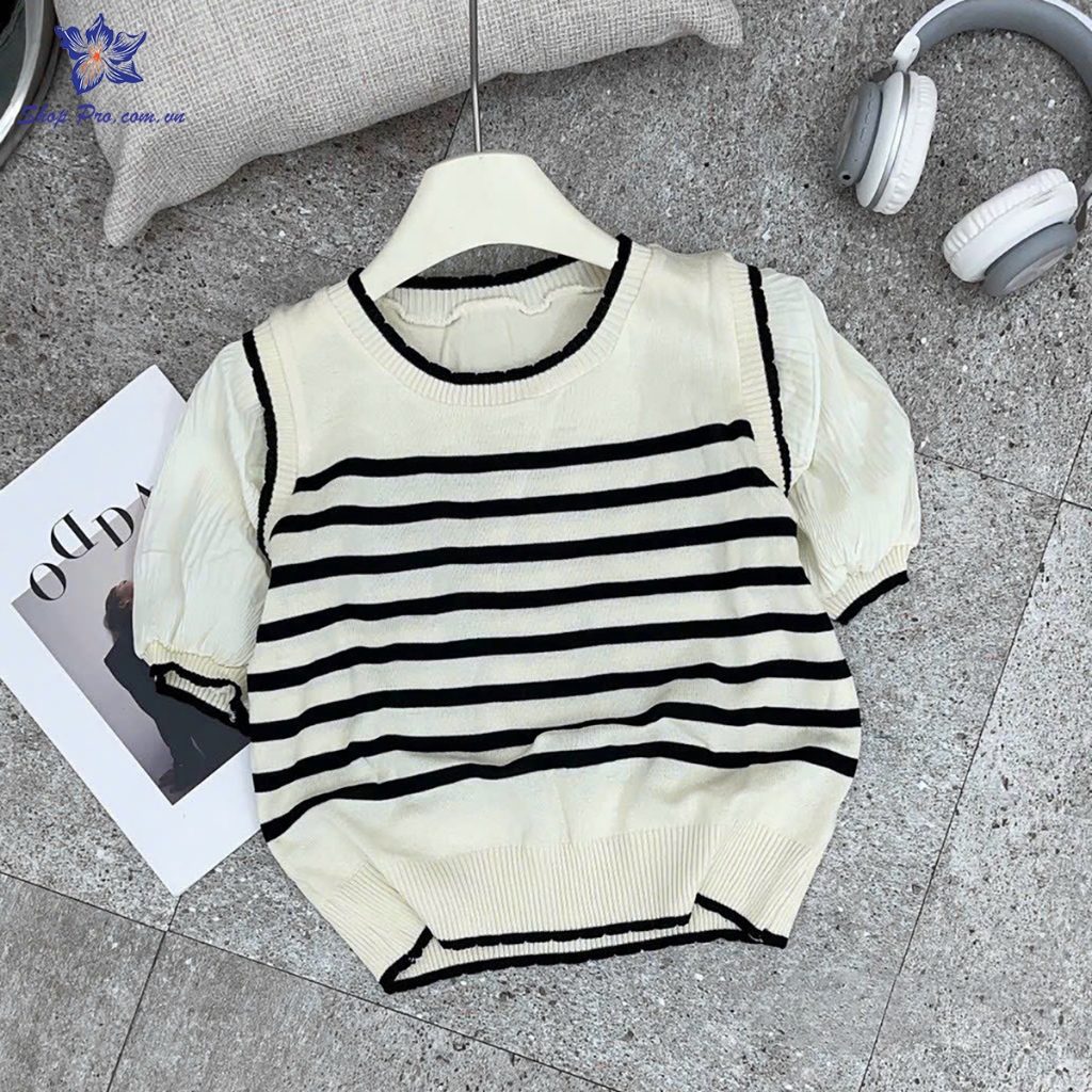 Áo Len Ngắn Tay Kẻ Sọc Phong Cách Hàn Quốc Trẻ Trung Năng Động Shop Pro