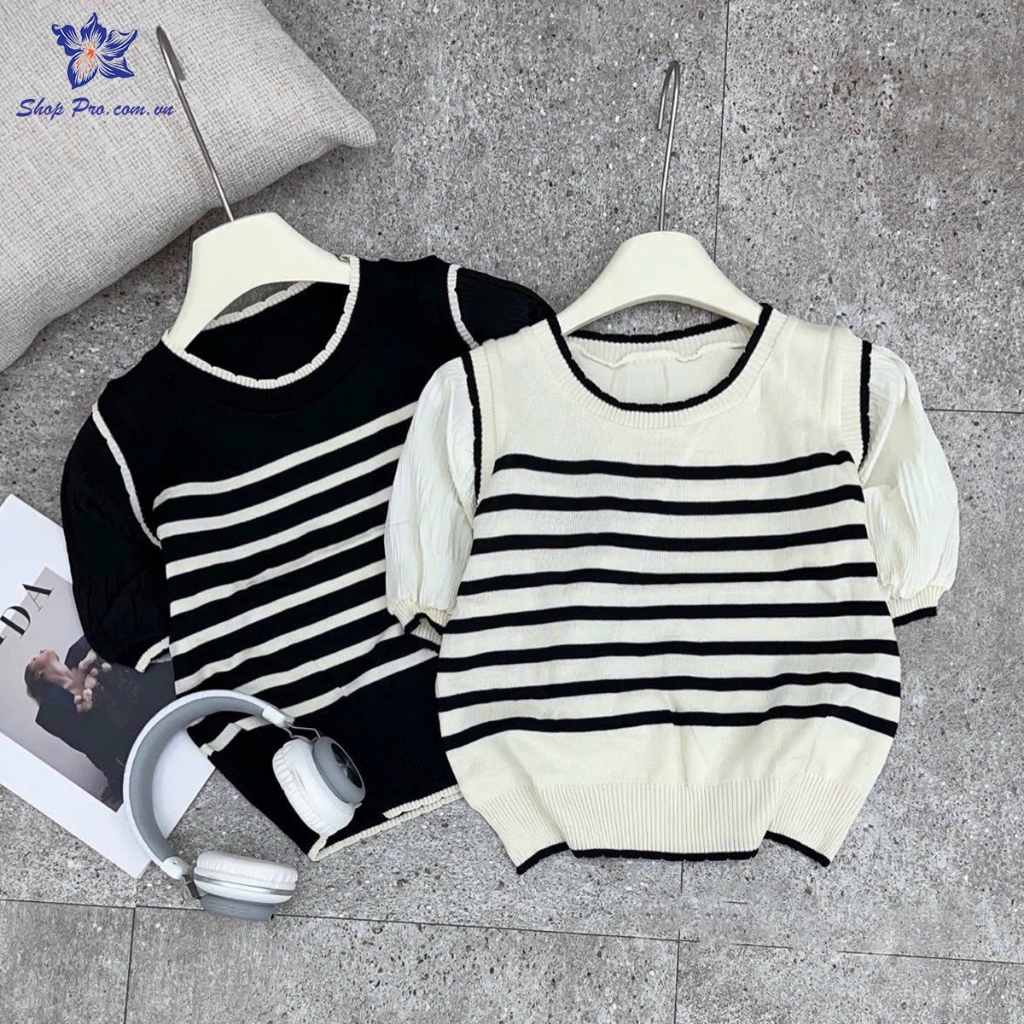 Áo Len Ngắn Tay Kẻ Sọc Phong Cách Hàn Quốc Trẻ Trung Năng Động Shop Pro