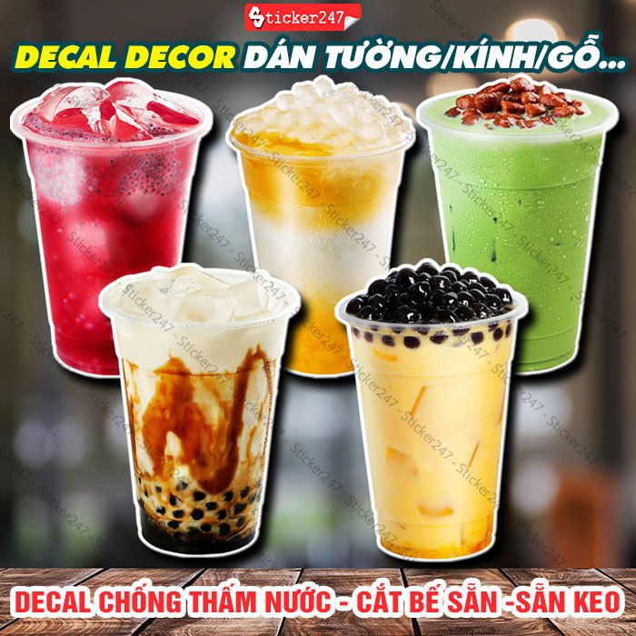Decal Trang Trí Chống Nước Hình Ly Trà Sữa 🌈 Sticker Dán Tường, Tủ, Kính, Xe Trà Sữa - Ảnh Siêu Thực Chống Nước