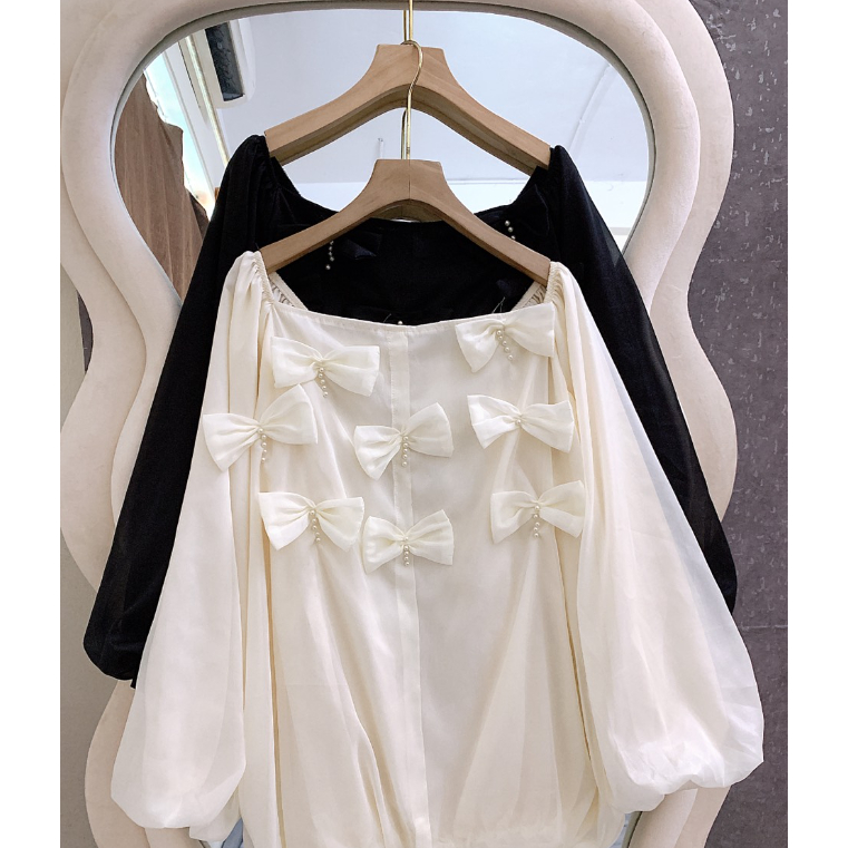 Áo tơ trễ vai ĐÍNH NƠ dáng dấu quần hàng loại 1- Memo Store