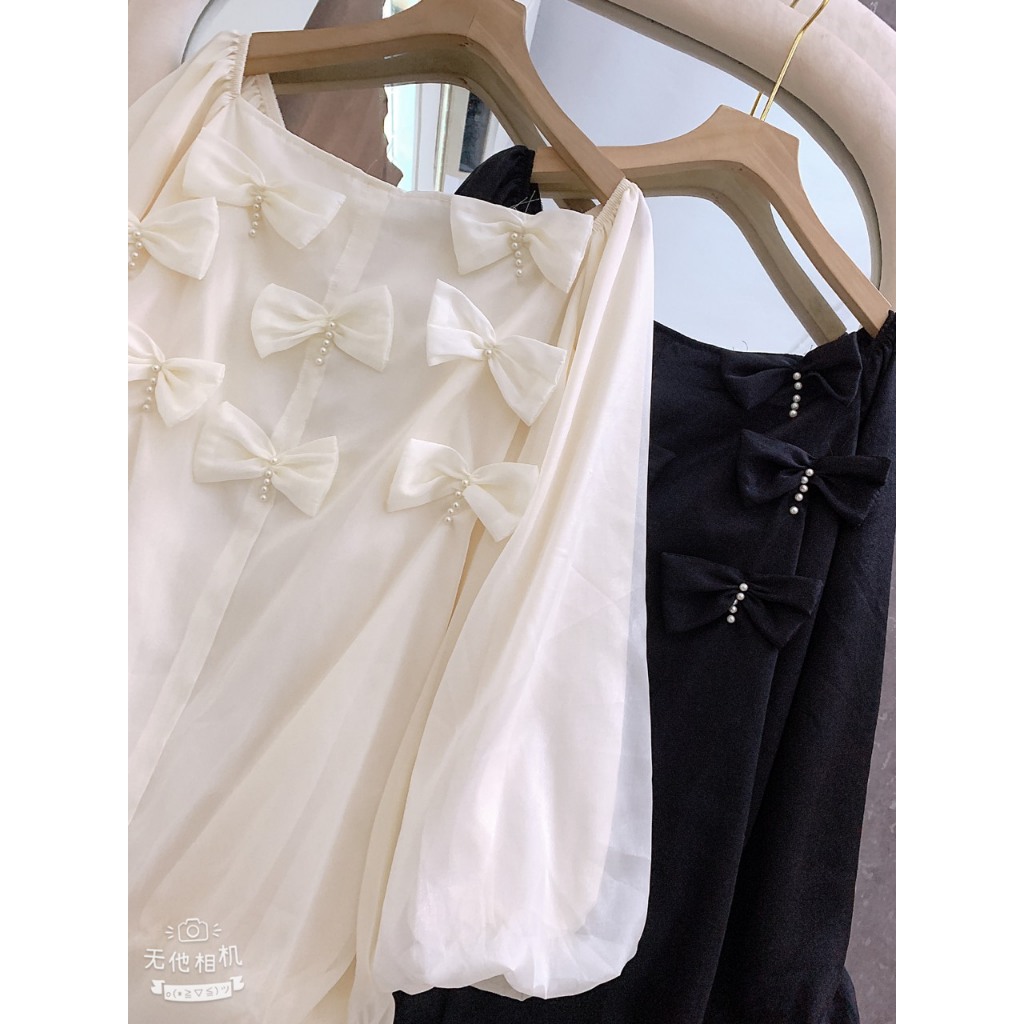 Áo tơ trễ vai ĐÍNH NƠ dáng dấu quần hàng loại 1- Memo Store