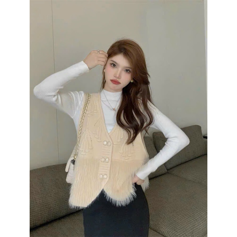 Áo ghile len lông thỏ khuy cài hot hít tiểu thư A305