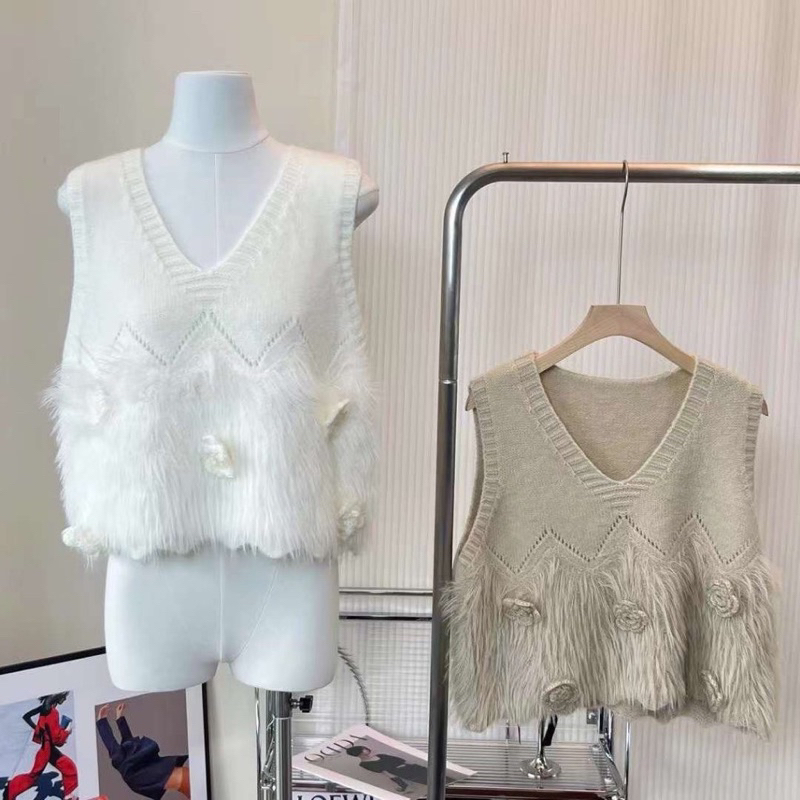 Áo ghile len lông thỏ cài hoa cổ v tiều thư A306