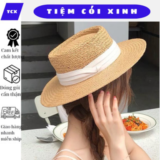 Mũ cói đi biển panama vintage nơ ruy băng xếp li dễ thương