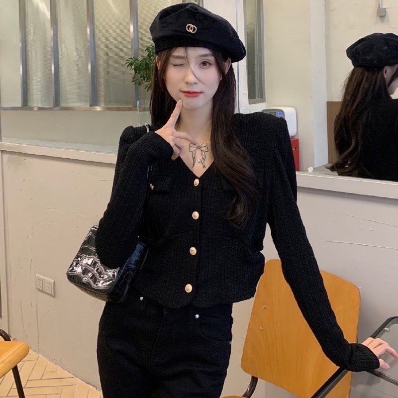 Áo khoác cardigan thun len tăm khuy đồng dài tay sang chảnh dáng ôm