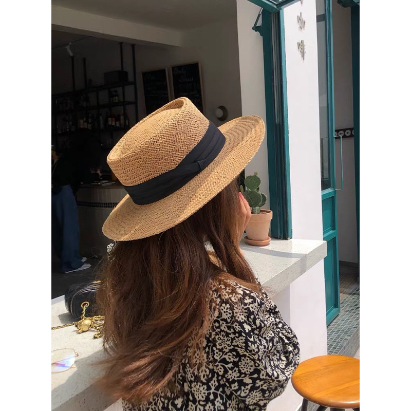 Mũ cói đi biển panama vintage nơ ruy băng xếp li dễ thương
