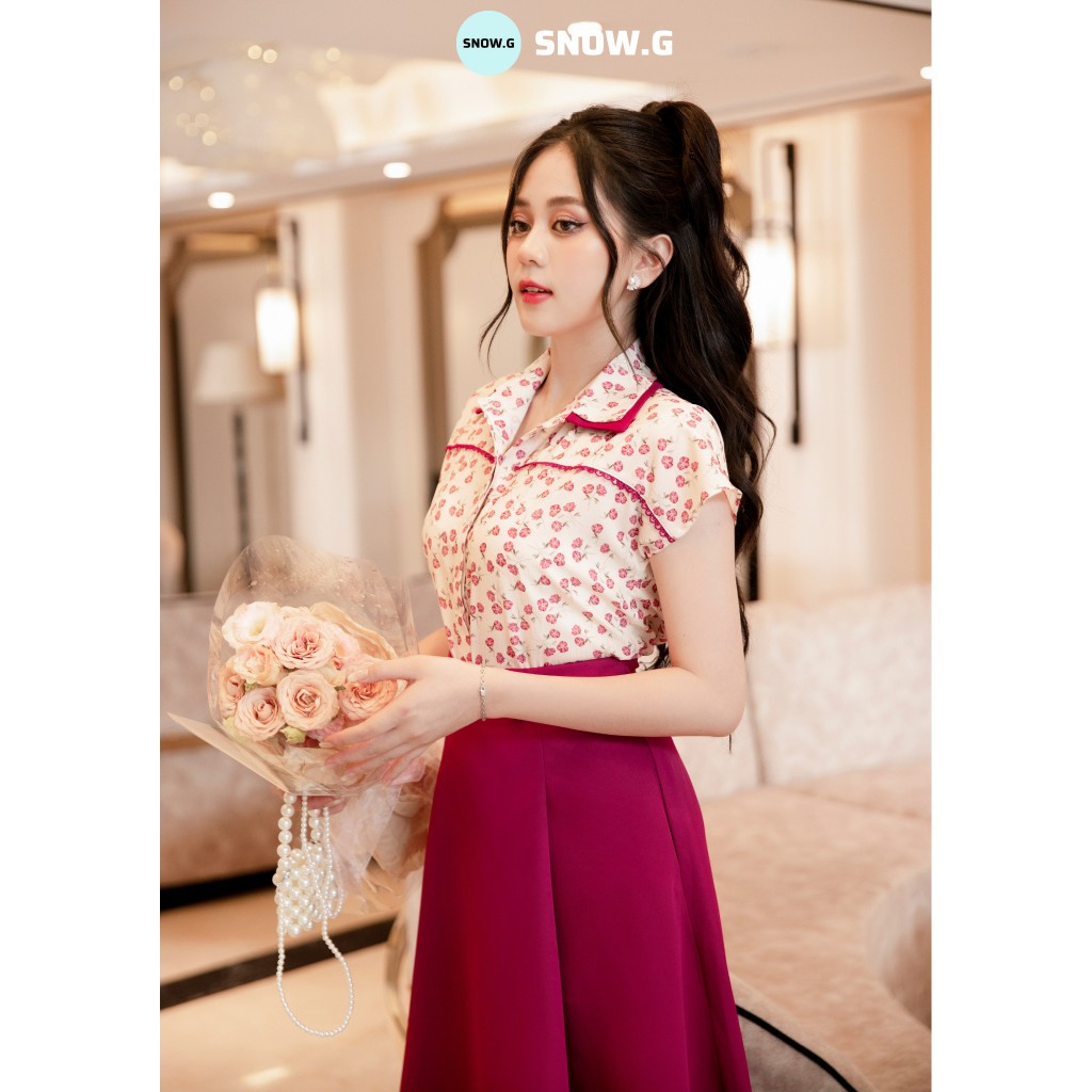 SM230507 CV230508 Set áo sơ mi lụa gân tay hến hoạ tiết hoa nhí và chân váy xoè dáng dài hồng tím SNOW.G