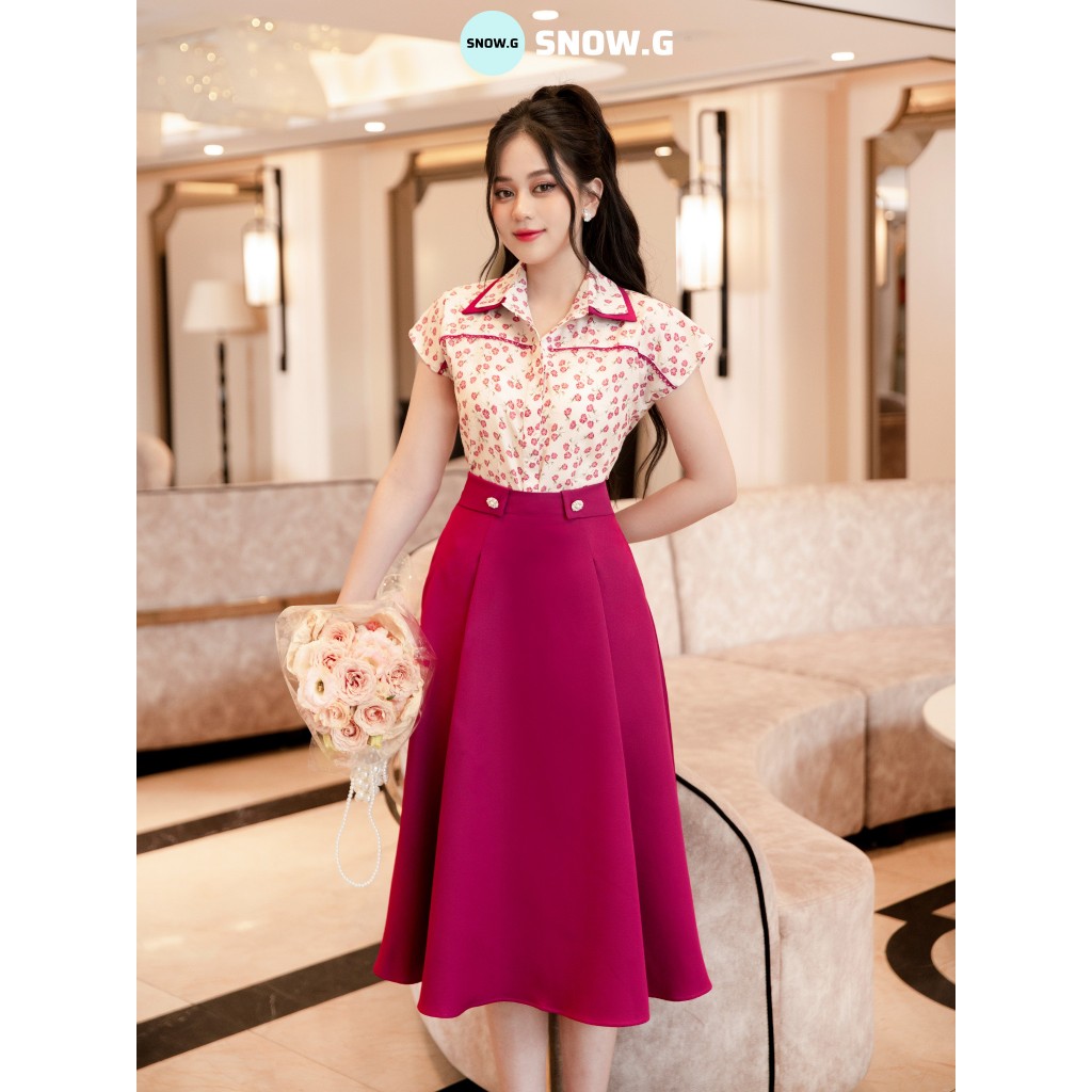 SM230507 CV230508 Set áo sơ mi lụa gân tay hến hoạ tiết hoa nhí và chân váy xoè dáng dài hồng tím SNOW.G