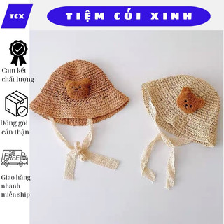 Mũ Cói Cho Bé Gắn Gấu Bông Buộc Dây Ren Dễ Thương Phong Cách Hàn Quốc