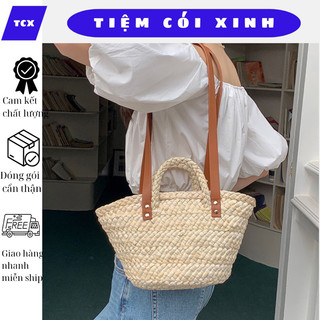 Túi cói bucket bằng bẹ bắp có quai xách và dây da đeo vai rút miệng cỡ vừa Tiệm Cói Xinh