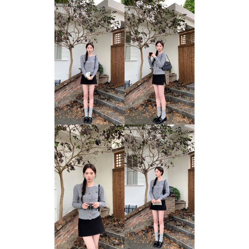 Áo Len Cardigan Màu Xám Vặn Thừng