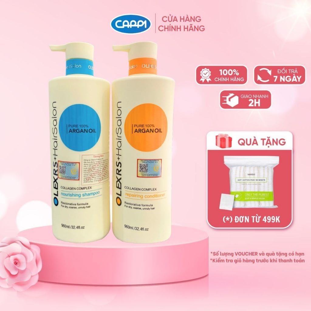 Cặp dầu gội xả Olexrs Argan Oil Collagen Hair Salon 500ml, 960ml cho tóc khô hư tổn
