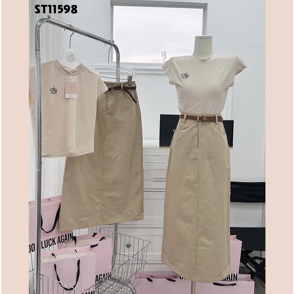 Set áo thun nữ thêu phối chân váy kaki dáng dài đứng form phong cách sang chảnh thanh lịch Meistore st11598