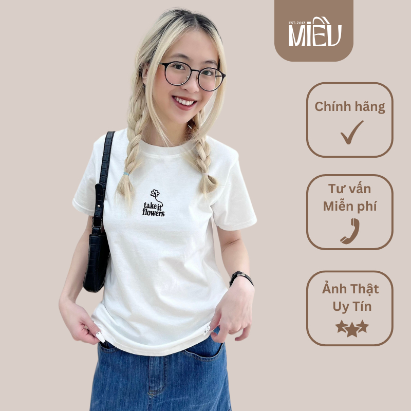 Áo thun dáng baby tee thêu hình hoa Take it flower Miều Est.2013