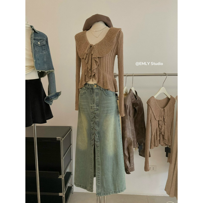 Áo Len Ôm QC Cao Cấp Viền Bèo Màu Nâu Tây Phong Cách Hàn Quốc