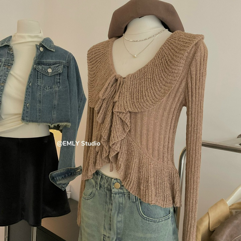 Áo Len Ôm QC Cao Cấp Viền Bèo Màu Nâu Tây Phong Cách Hàn Quốc
