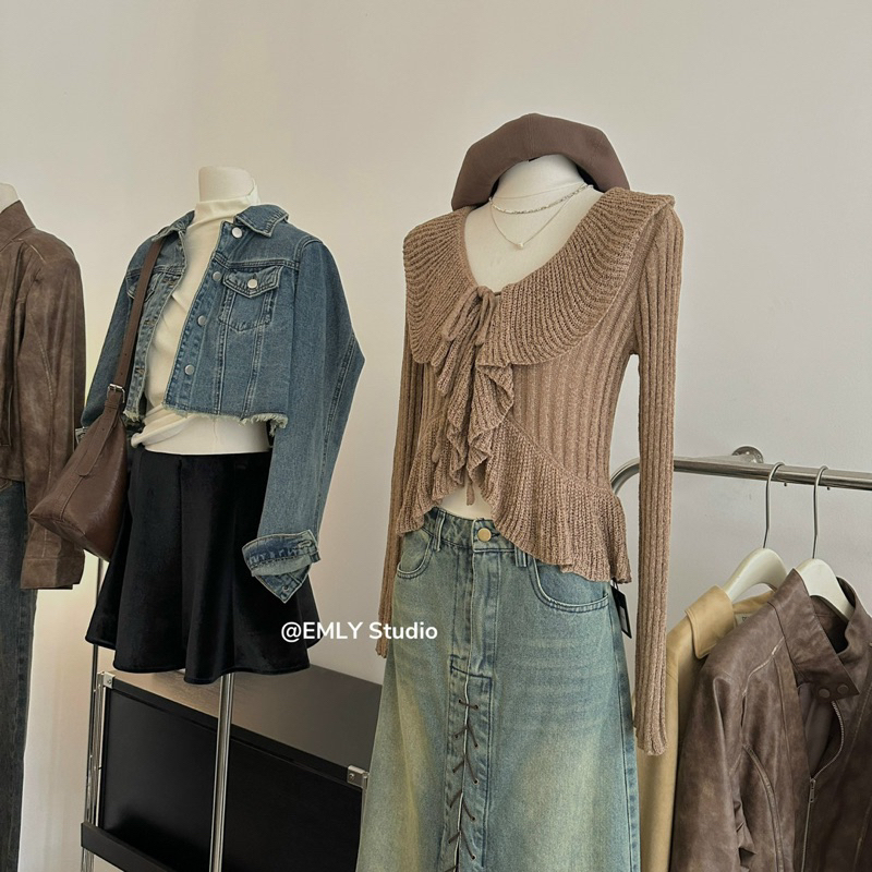 Áo Len Ôm QC Cao Cấp Viền Bèo Màu Nâu Tây Phong Cách Hàn Quốc
