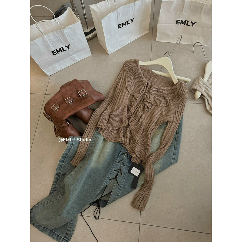 Áo Len Ôm QC Cao Cấp Viền Bèo Màu Nâu Tây Phong Cách Hàn Quốc