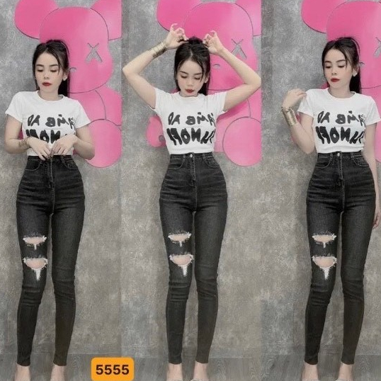 Quần jean nữ xám đen rách cao cấp - chất vải denim dày dặn co giãn thoải mái - TUẤN KIỆT Store 8888 S1