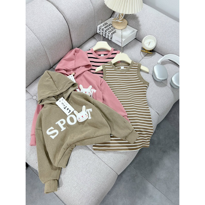 10-28kg set 2ct áo hoodie kèm váy kẻ body cho bé gái