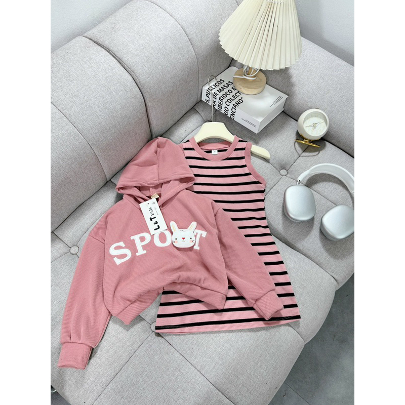 10-28kg set 2ct áo hoodie kèm váy kẻ body cho bé gái