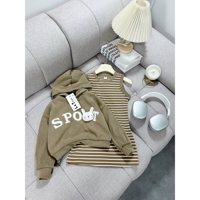 10-28kg set 2ct áo hoodie kèm váy kẻ body cho bé gái