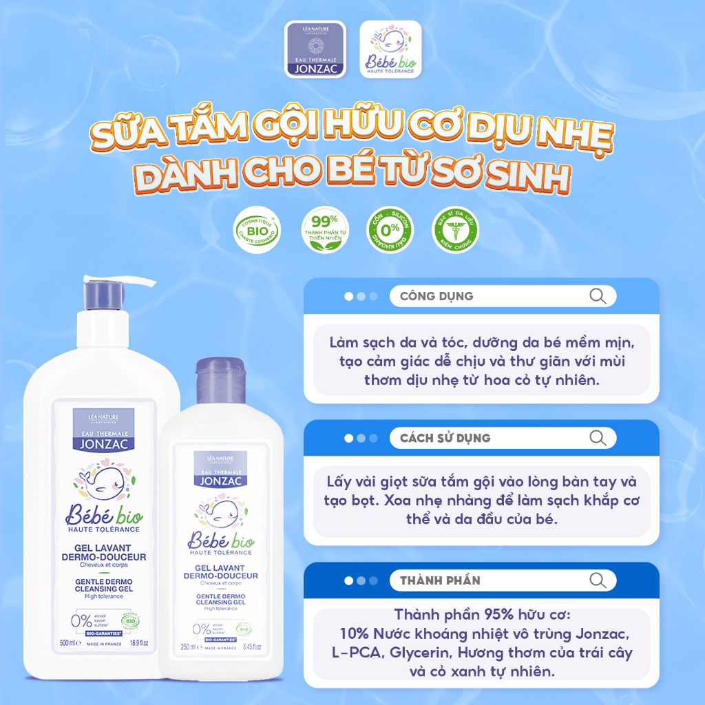 Bộ đôi sữa tắm gội hữu cơ và kem dưỡng ẩm da dành cho bé Eau Thermale Jonzac