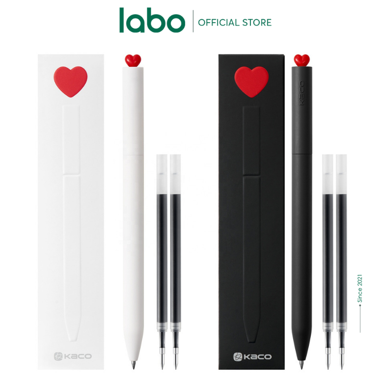 Bút Bi Mực Gel Kaco Heart Kèm Hộp Sẵn Một Bút Và Hai Ngòi 0.5 Mực Đen Labo