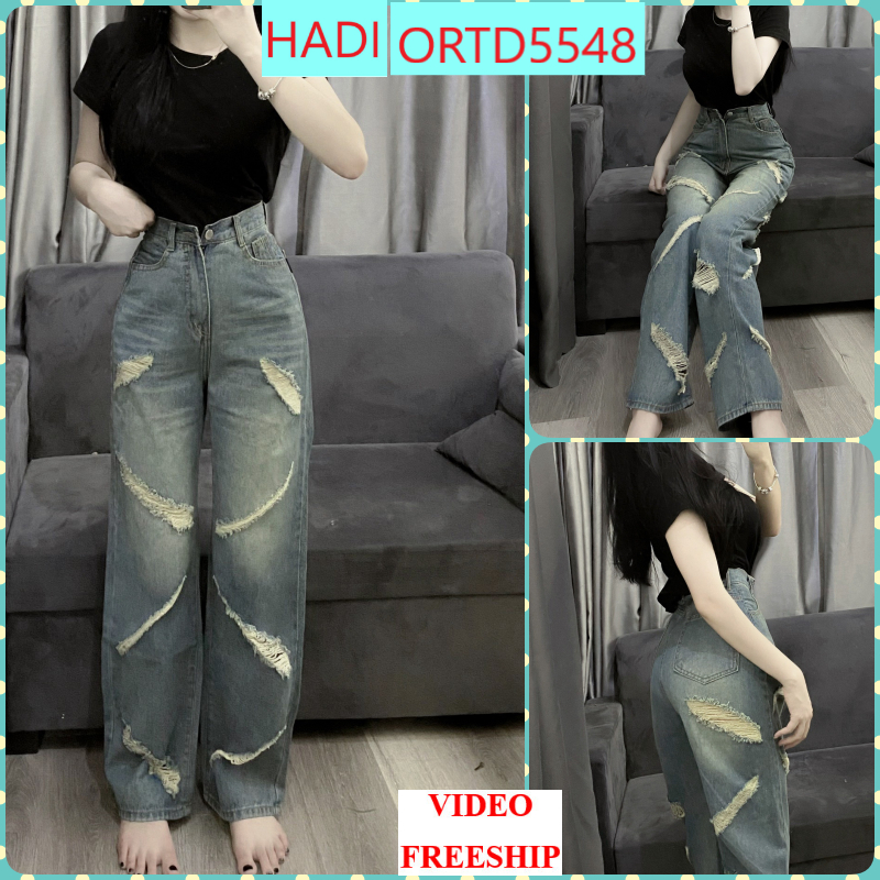 QUẦN JEANS ỐNG RỘNG NỮ LƯNG CAO RÁCH CHÉO TRƯỚC ĐÙI KÈM SAU XANH ĐẬM LAI CUỐN CÁ TÍNH HOT HIT