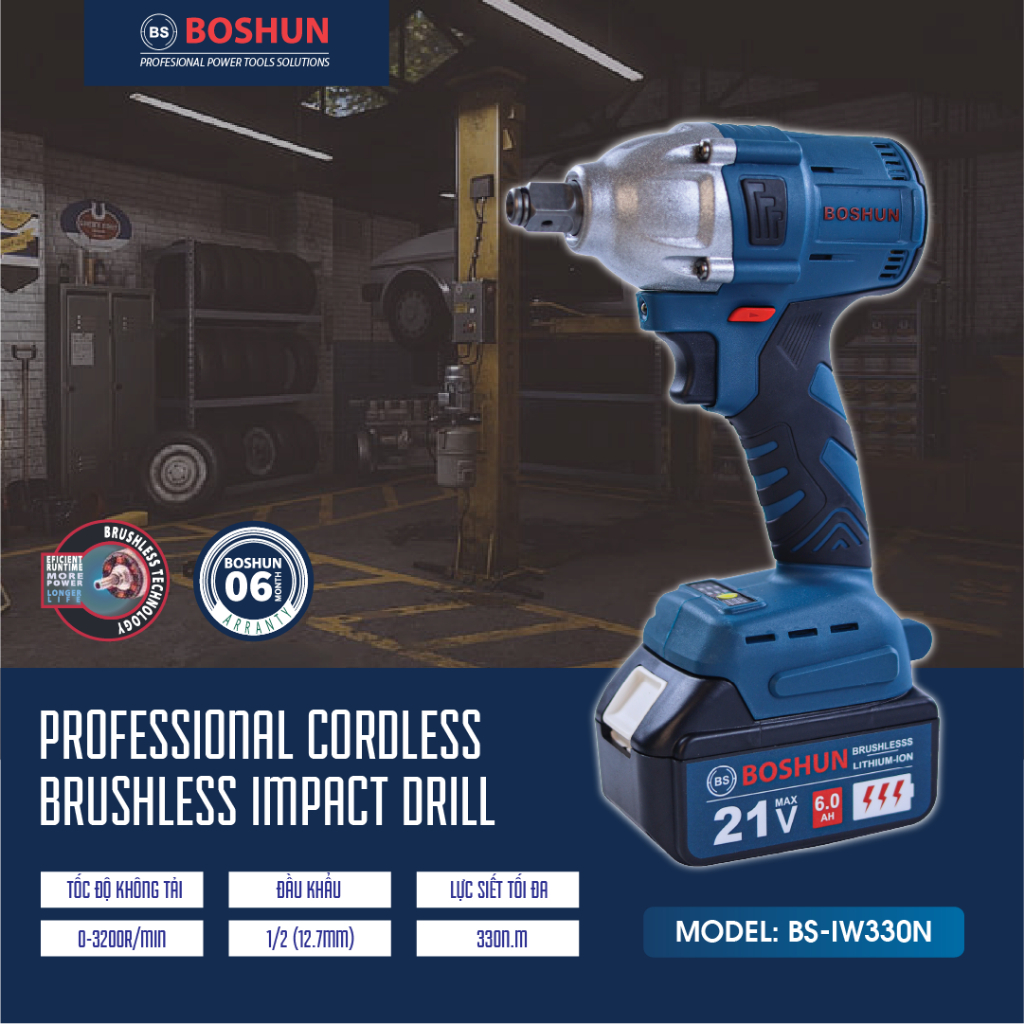Máy Siết Bulong BOSHUN BS-IW330N Đầu 1/2 inch   Đầu 2 in 1-Không Chổi Than - Lõi Đồng - Bảo Hành 12 Tháng