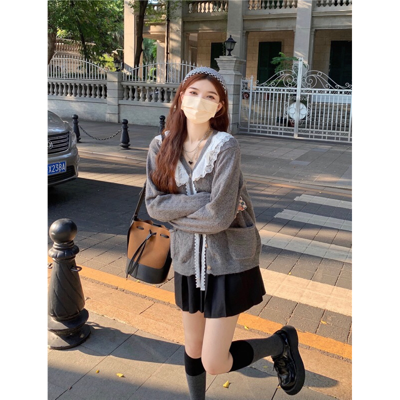 Áo cardigan len cổ ren trắng siêu đáng yêu 2023